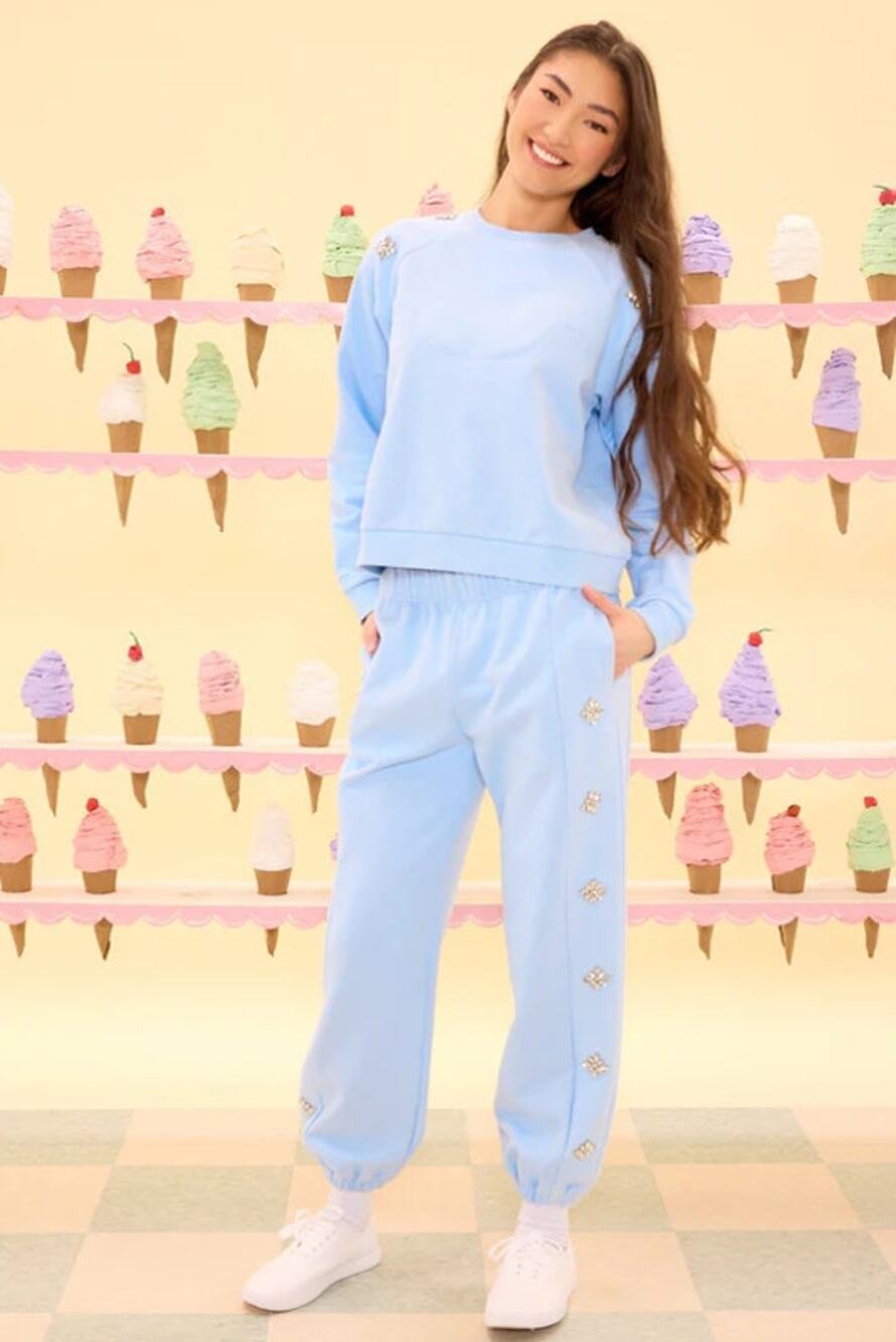 NWT Ivy City Co Casey Crystal Flower Sweatshirt Jogger Set Women‎ S Blue $146